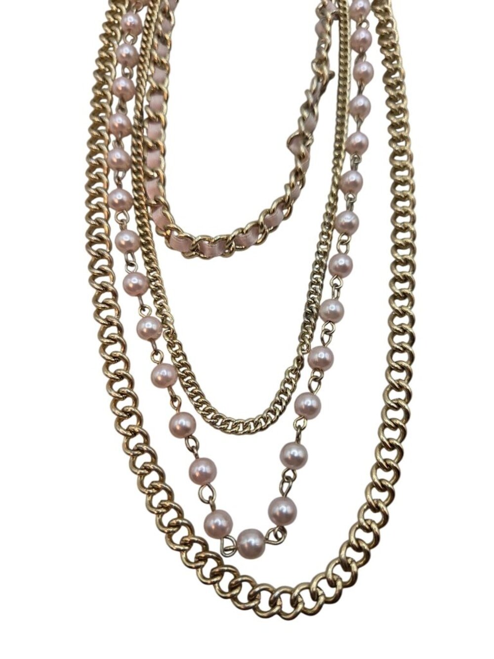 Gold-Tone Multi-Layer Chain Necklace With Faux Pearl Accents